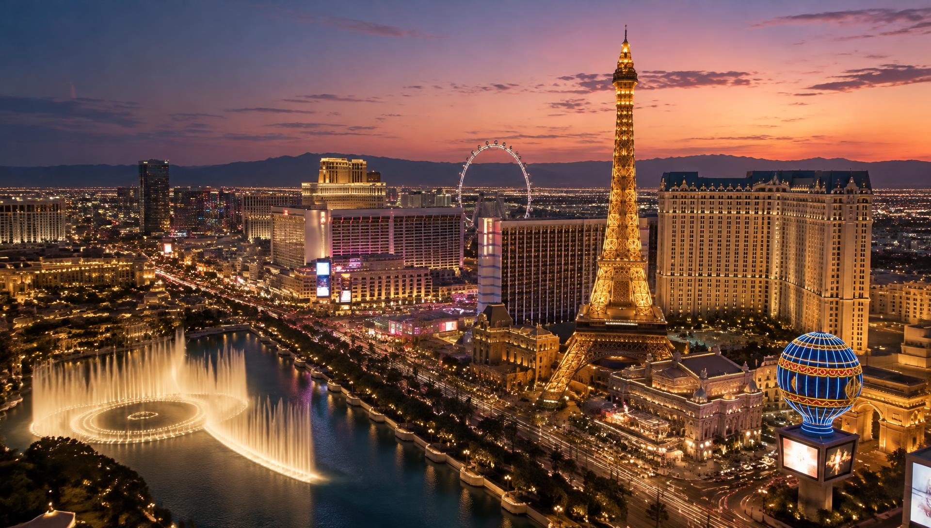Le Strip de Las Vegas et les fontaines du Bellagio au coucher du soleil